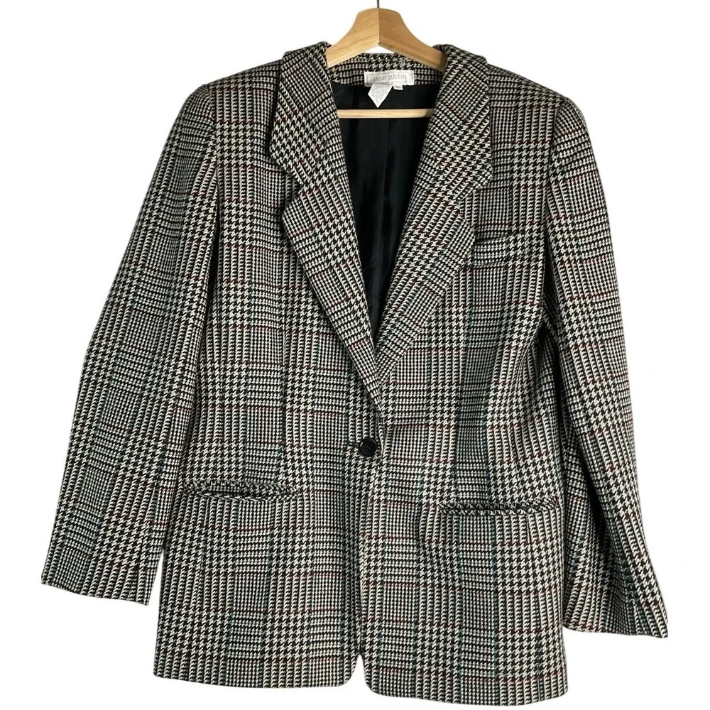 Vintage Jane Justin 100% Pure Wool Lined‎ Blazer Check Houndstooth Oversized 14